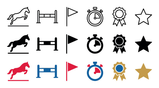 Collection of equestrian sport vector icons for show jumping competition, featuring a horse, fence, flag, stopwatch, prize ribbon, and star in line, glyph, and color styles