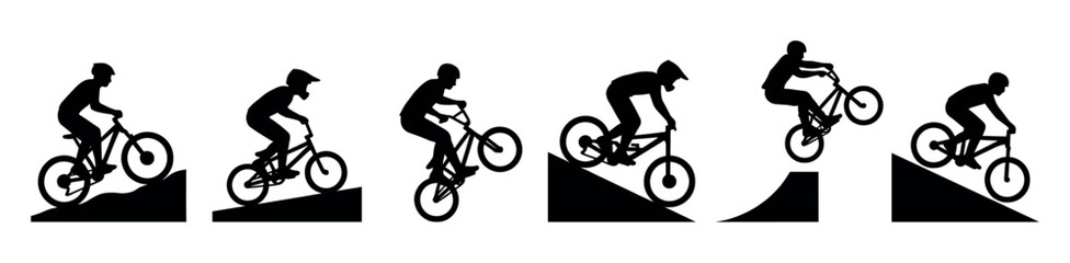 Naklejka premium Set of six black silhouettes showing a cyclist performing an extreme jump on a bicycle, illustrating the different phases of the trick from approach to landing on a ramp