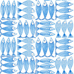 Blue watercolor fish seamless pattern. Abstract hand-drawn sardines endless print for fabric and wallpaper. Mediterranean-style background.