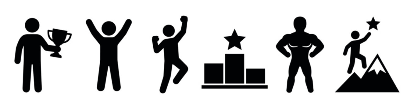 Set of black minimalist icons symbolizing success and achievement, featuring a figure with a trophy, a celebrating person, a winner's podium, and reaching for a star