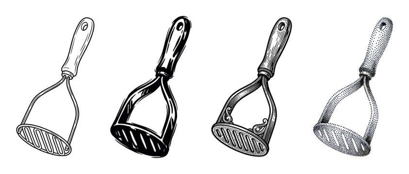 Set of four potato masher illustrations in various artistic styles including line art, silhouette, detailed engraving, and stippling for cooking and food concepts