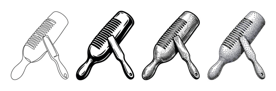 G&uuml;iro musical instrument with a scraper stick illustrated in a set of four different graphic styles including continuous line, solid black, vintage engraving, and stippling