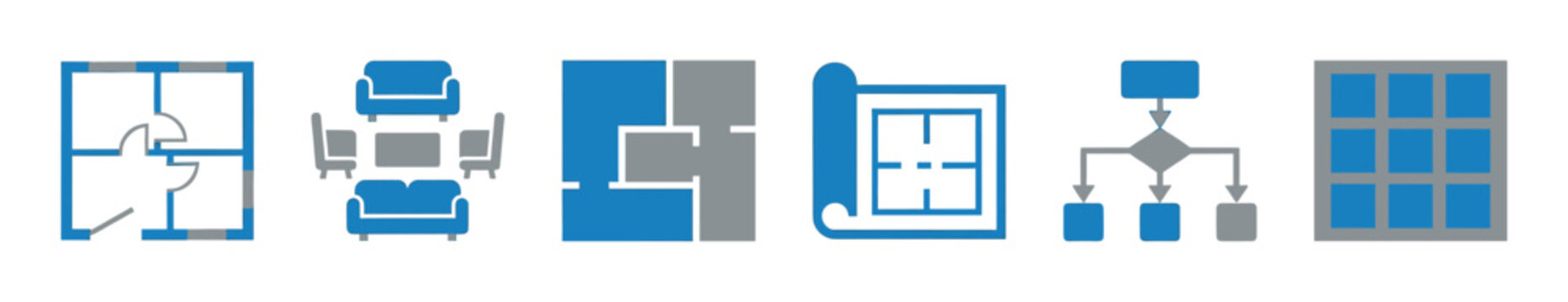 Blue and grey flat vector icon set for architecture and interior design, featuring a floor plan, furniture arrangement, blueprint scroll, flowchart diagram, and window graphic