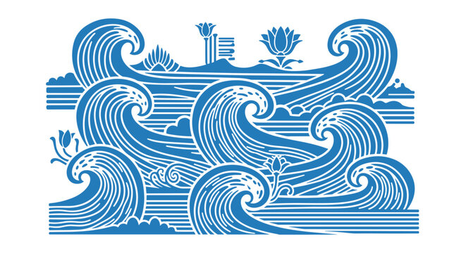 Ocean Waves Illustration Blue Tonal Artwork.