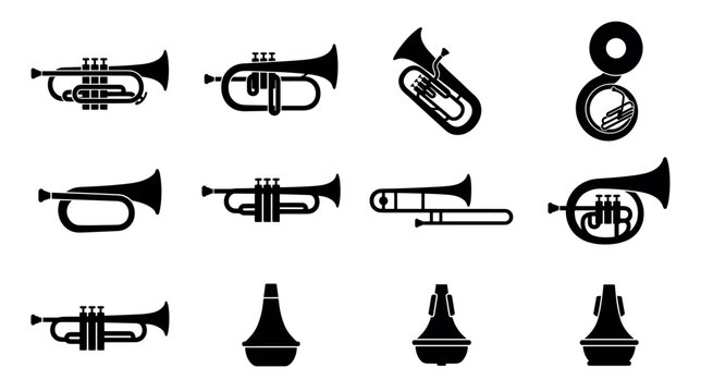 Collection of black brass instrument silhouettes including trumpet, tuba, trombone, and sousaphone, presented as a minimalist graphic icon set for musical concepts