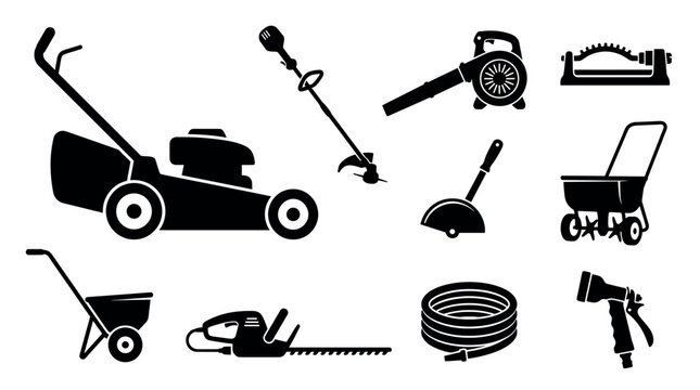 Collection of black silhouette gardening tools including a lawn mower, leaf blower, string trimmer, and hose for lawn care and landscaping presented as a graphic icon set