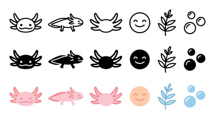 Obraz premium Set of cute axolotl salamander icons with aquatic elements like plants and bubbles, shown as simple line art, solid black silhouettes, and flat pastel color illustrations