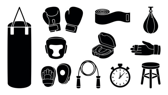 Black silhouette icon set of boxing equipment features gloves, a punching bag, headgear, and a mouthguard for combat sports training in a clean graphic vector style