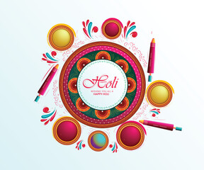 Obraz premium Colorful Holi Festival Rangoli Design with Pichkari and Gulal Bowls