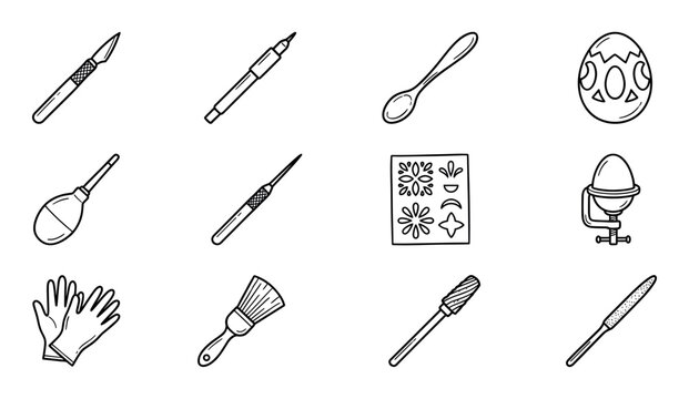 Various egg decorating tools and supplies are depicted in a clean, illustrative line art style, showcasing essential items for creative Easter egg design and detailed craft work