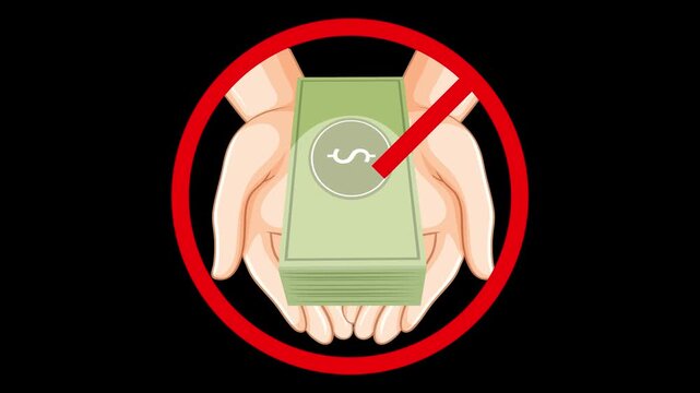 Hands offering stack of money with prohibition sign, concept of anti-corruption, vector illustration