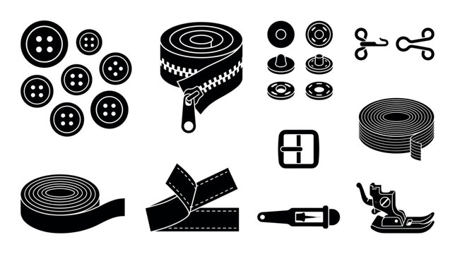 Collection of black sewing notions icons including buttons, a zipper, snap fasteners, a buckle, and a presser foot for tailoring and dressmaking projects