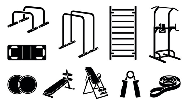 Set of black gym equipment icons for fitness and workout training, including parallel bars, a power tower, and a sit-up bench, presented in a simple silhouette style