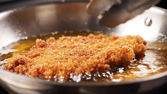 Golden fried chicken cutlet in a pan with cooking oil 