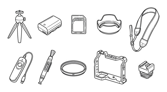 Collection of camera photography accessories illustrated in a minimalist black line art style, featuring a tripod, battery, memory card, lens hood, strap, and cage