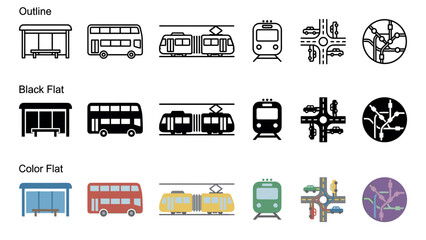 Set of public transportation icons showing a bus stop, double-decker bus, tram, train, and road intersection in outline, black flat, and color flat styles for graphic design