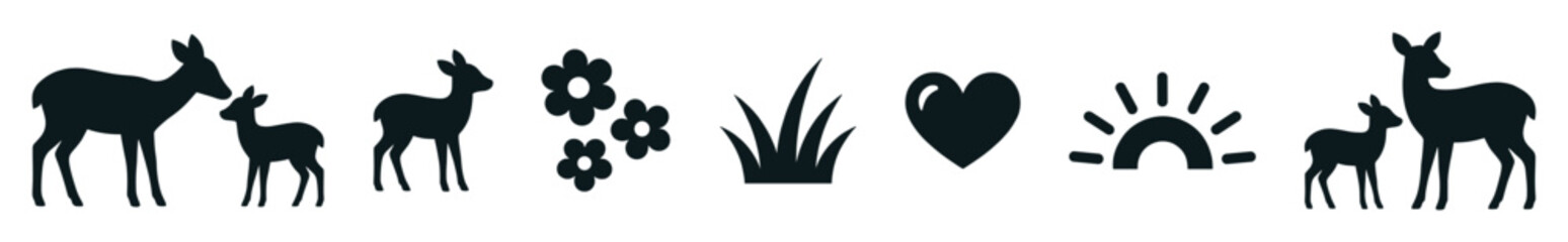 Set of black nature-themed icons featuring a deer family, flowers, grass, a heart, and a sun, presented in a minimalist flat vector style for graphic design