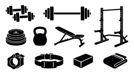 Obraz premium Black silhouette icons of gym equipment for weightlifting, featuring a barbell, dumbbells, squat rack, kettlebell, workout bench, weight plates, belt, and other accessories