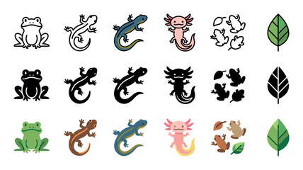Obraz premium Collection of amphibian and reptile icons featuring a frog, lizard, salamander, and axolotl in various styles including line art, silhouette, and flat color vector illustrations