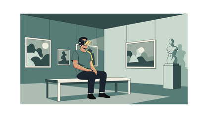 Fototapeta premium Man wearing VR headset in modern art gallery with sculptures and paintings