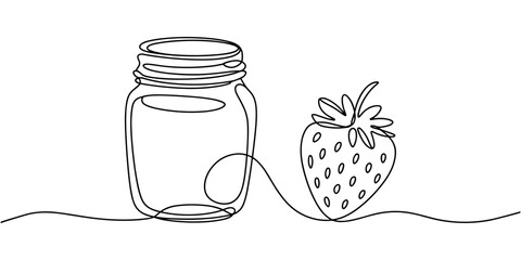 Jam jar and strawberry berry drawing with one continuous line. Linear silhouette, hand drawn in minimalism. Vector editable outline, Jam jar and strawberry berry drawing with one continuous line. © Creative Tania