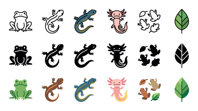 Collection of amphibian and reptile icons featuring a frog, lizard, salamander, and axolotl in various styles including line art, silhouette, and flat color vector illustrations