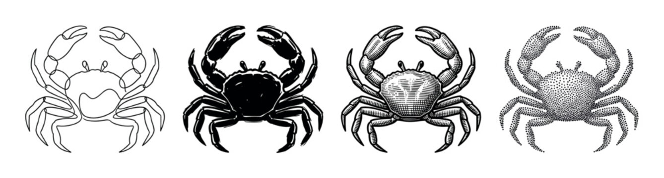 Set of four crab vector icons presented in various monochrome styles from simple outline and solid silhouette to detailed vintage engraving and modern stippling art