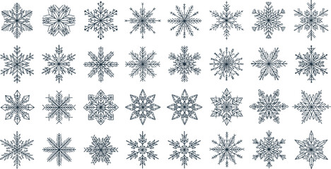 Winter Snowflake Icon Set with Decorative Frozen Crystal Symbols for Holiday Designs, Christmas Graphics, Seasonal Backgrounds, and Cold Weather Themes © MdMojnu
