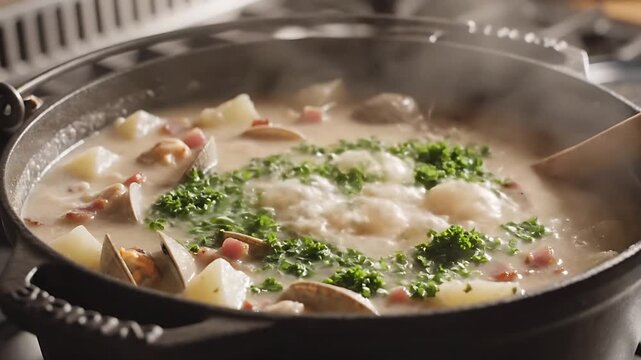 A steaming pot of creamy clam chowder, a culinary delight ready to be savored. This image captures the essence of comfort food and culinary artistry.