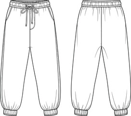 Technical Flat Sketch of Women's Jogger Pants with Elastic Waistband and Drawstring Cuffs CAD Drawing Flat Vector Illustration for Fashion Design © Zaidul