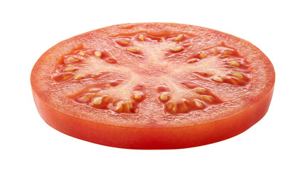 A vibrant slice of fresh red tomato highlighting seeds and juicy texture for healthy food and on transparent background