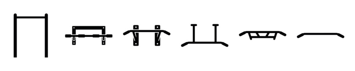Obraz premium Set of black silhouette pull-up bar icons showing various designs for home and gym workouts, including wall-mounted and freestanding models for strength training and calisthenics