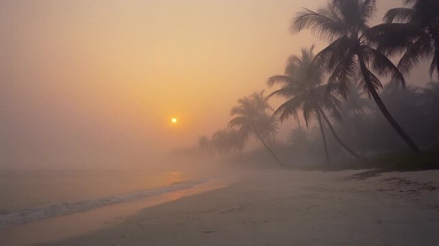 Serene Beach Sunrise with Palm Trees, Calm Waters, and a Warm Hazy Sky at a Peaceful Coastal Setting