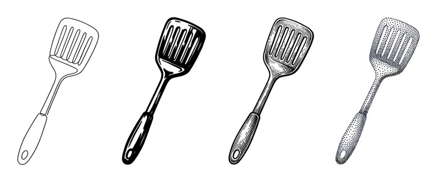 Set of four black and white kitchen spatula illustrations rendered in diverse artistic techniques like simple outline, solid ink, detailed engraving, and stippling dotwork