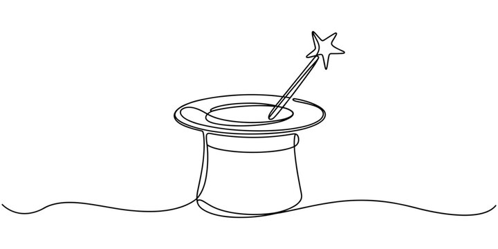 Magic hat with a wand of continuous one line drawing, Magician's Hat Icon on Transparent Background, Magic has outline pro vector illustration. minimal concept one line icon, Magic has outline pro.