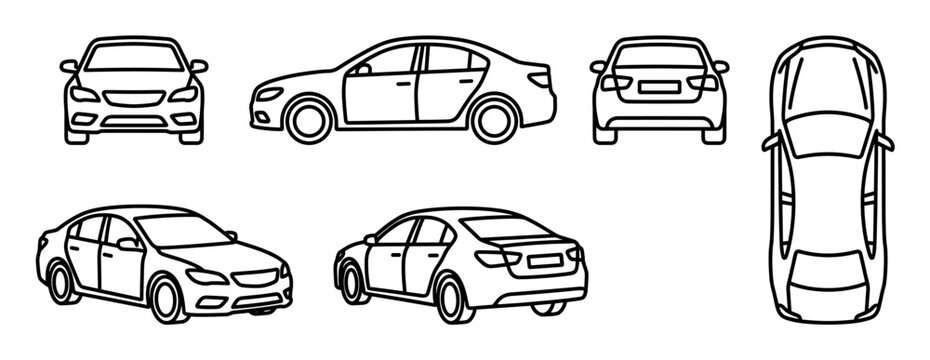 Generic sedan car illustration set with six black outline drawings showing multiple angles like front, side, rear, top, and isometric views in a simple, minimalist style