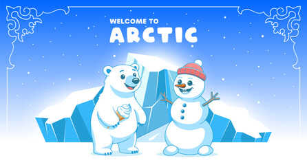Funny vector cartoon winter northern comic. Welcome to Arctic. Toon polar bear cub with ice cream and happy snowman in hat. Icy bright iceberg. Cold, frost snow. Meeting of true friends. Greenland © GAlexS