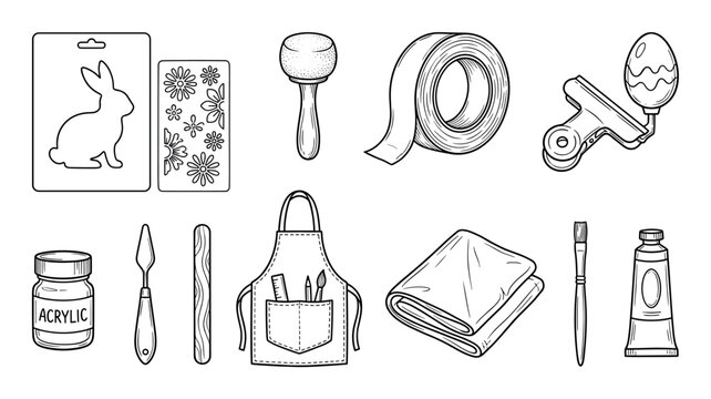 Set of hand-drawn craft supplies for Easter projects, featuring a rabbit stencil, paint, brushes, and an apron in a clean black and white line art doodle illustration style