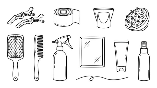 Hand-drawn collection of professional hairstyling tools and beauty products in a simple black and white line art style, including a comb, brush, clips, and spray bottles