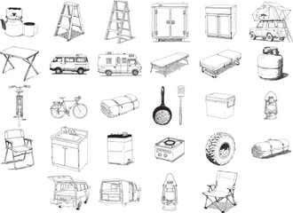 Hand Drawn Camping Vanlife Equipment and Outdoor Gear Set