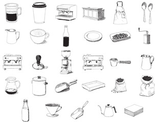 Hand Drawn Coffee Shop Equipment and Barista Tools Collection