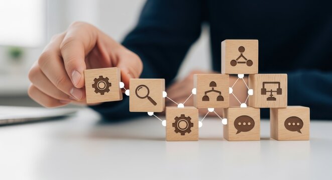 Open source collaboration and showing cubes freely connecting with each other using wooden cubes, symbolic icons, human hand, natural depth of field, soft blurred background, minimal desk background.