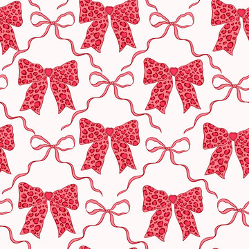 Coquette trellis seamless pattern with leopard bows. Whimsical vintage print with aesthetic elegant girly ribbons. Girly background for Valentine's day, wedding, birthday, wrapping paper. Vector print