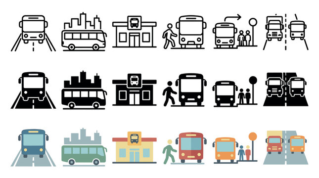 Collection of bus transportation icons in three distinct styles showing public transit scenes like vehicles on a road, a station, and passengers waiting in a city