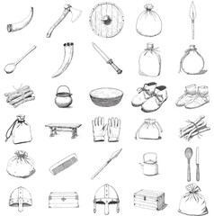 Hand Drawn Medieval Viking Tools and Warrior Props Collection