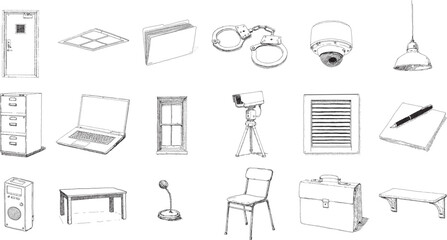 Hand Drawn Police Interrogation Room and Security Equipment Illustration Collection