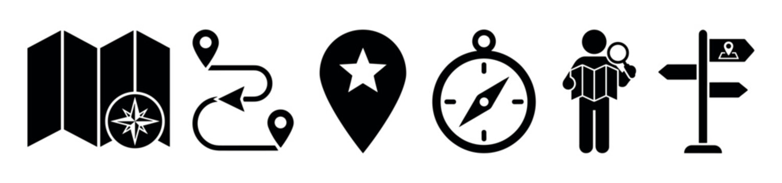 Collection of six black navigation icons representing travel and location concepts, including a map, route, destination pin, compass, tourist with magnifier, and signpost
