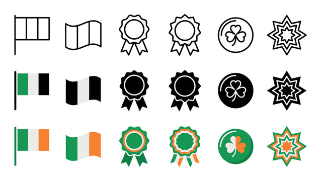 Large set of patriotic icons featuring tricolor flags, award rosettes, three-leaf clovers, and stars, presented in line art, solid glyph, and colorful flat design variations