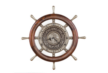 Wooden steering wheel with a clock isolated on white background