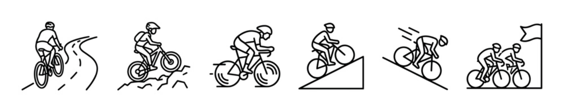 Set of black line art cycling icons showing various disciplines like road racing, mountain biking, uphill and downhill riding, and competition with a finish line in a minimalist style